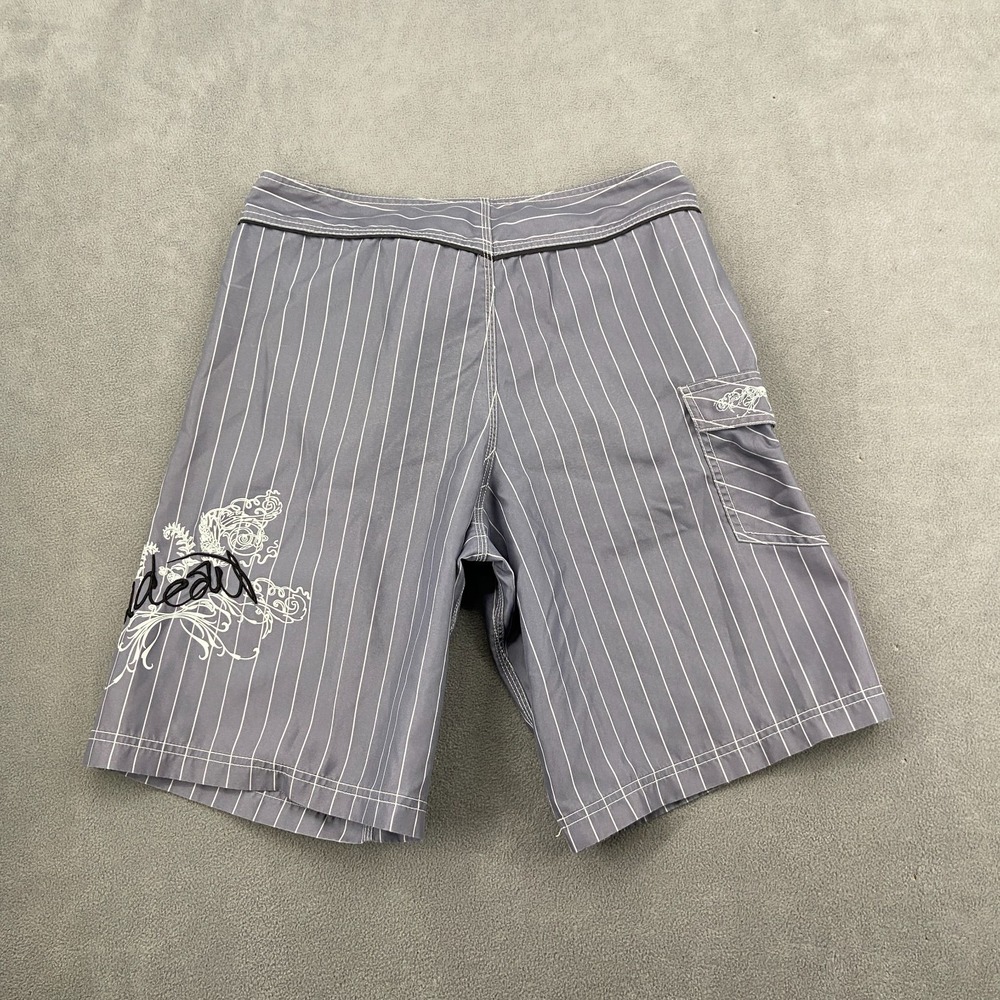 Y2K Sideout Board Shorts Sz 34 Gray Striped Embroidered Logo Grunge Skate Surf - Picture 2 of 12